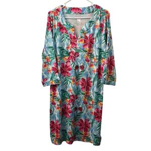 Stella Parker Collection Womens Large Tropical Floral Ikat Tunic Dress Blue Pink